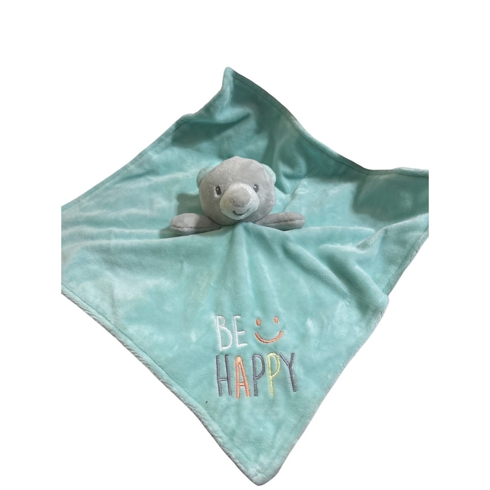 Baby Starters Be Happy Bear Security Blanket Teal Gray Satin Back Lovey A42349